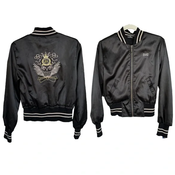 Dolce & Gabbana Vtg. Y2K black satin Bomber jacket embroidery Logo S - Picture 7 of 15